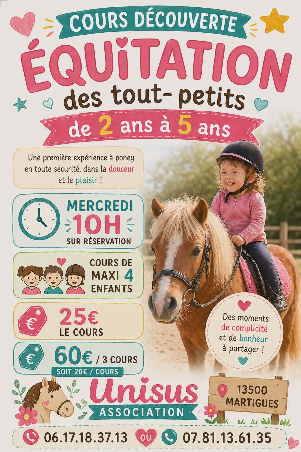 Affiche du nouveau cours d'équitation pour les 2-5 ans à Martigues — UNISUS, le mercredi à 10h