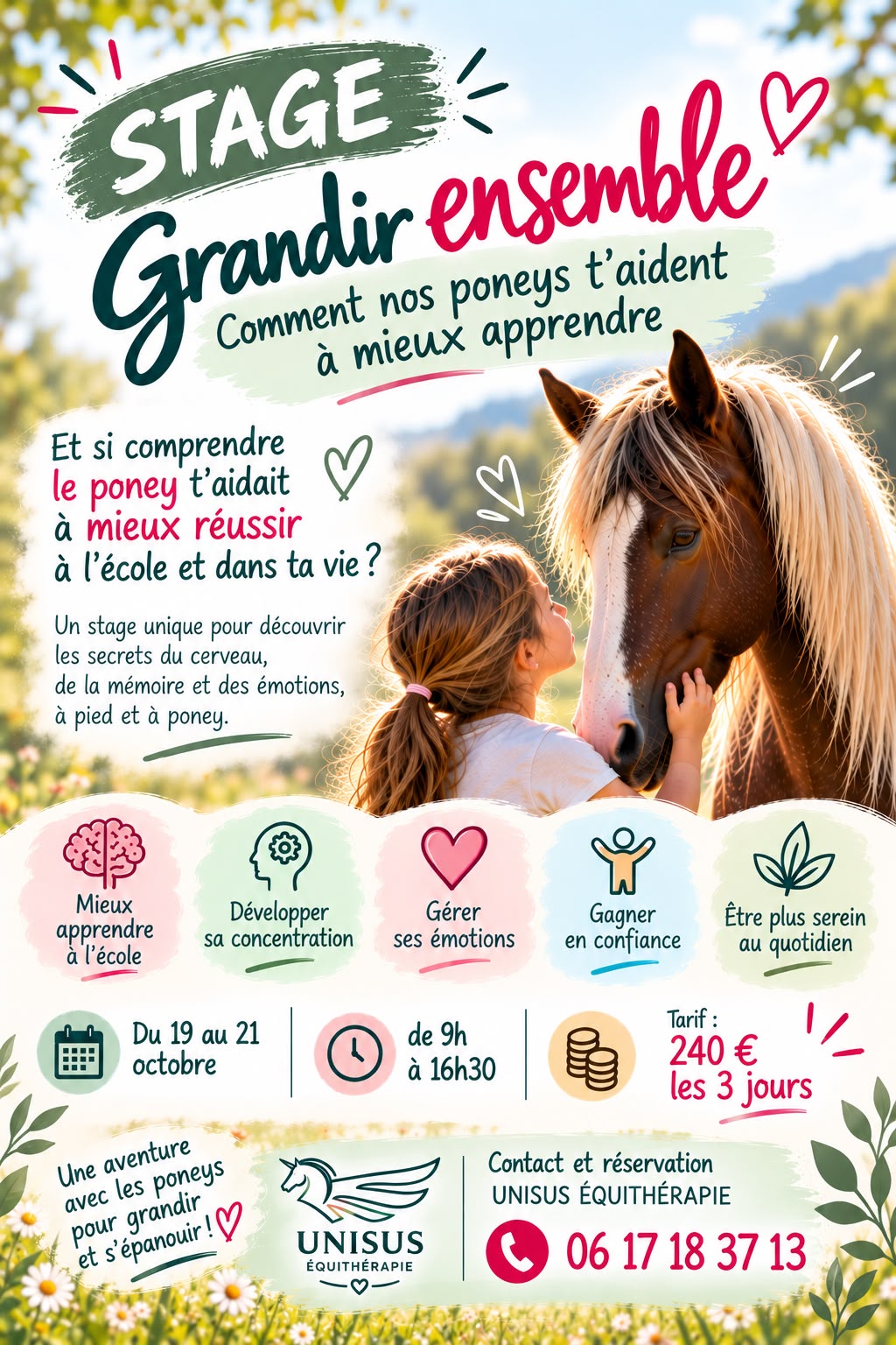 Affiche du stage Grandir ensemble à poney pendant les vacances de la Toussaint chez UNISUS à Martigues